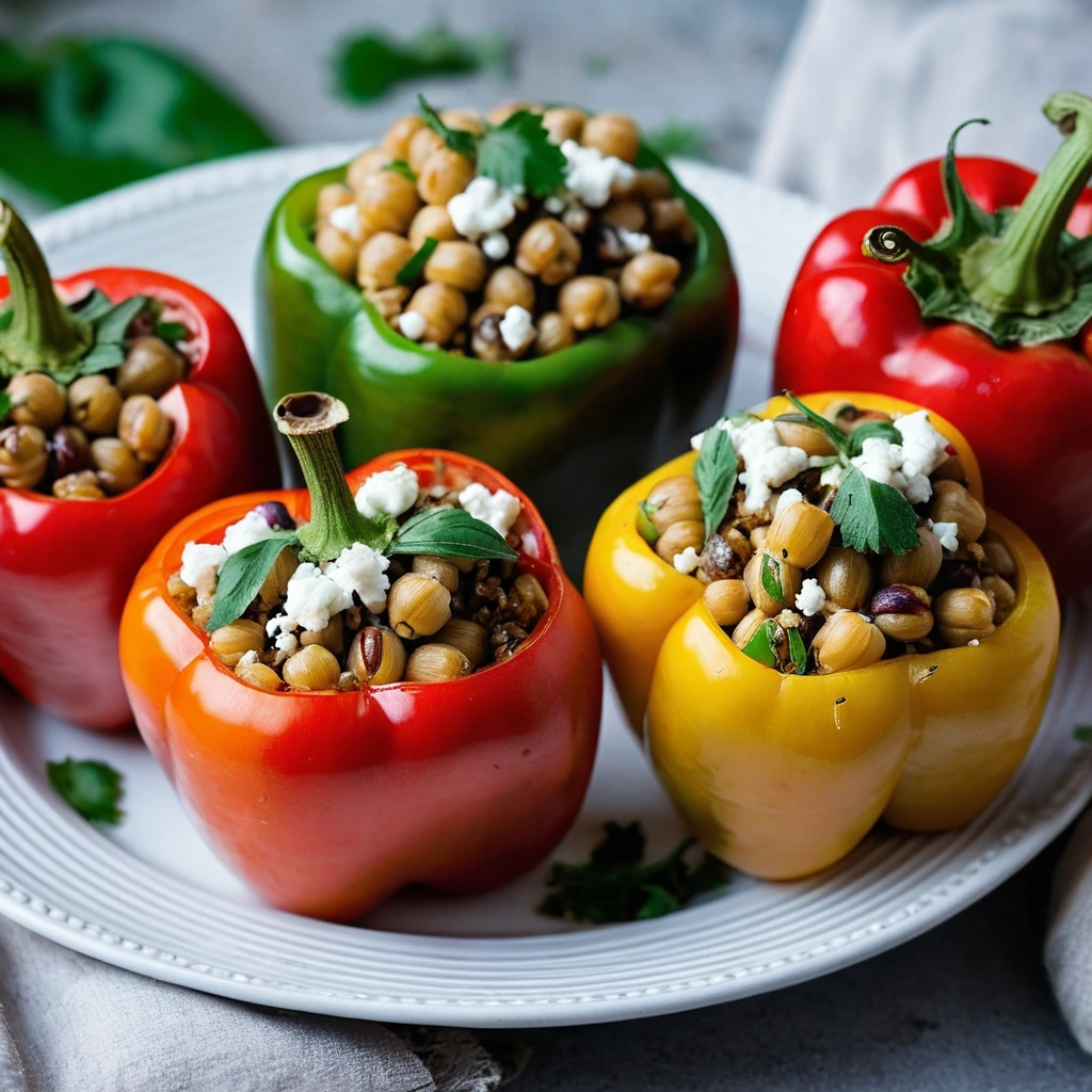Colorful bell peppers stuffed with a golden mixture of farro and chickpeas, sprinkled with feta and fresh herbs.