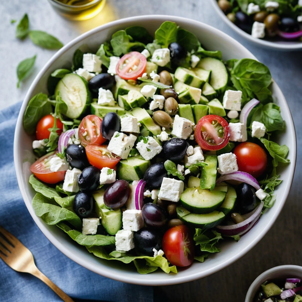 Colorful chopped salad in a large bowl with greens, tomatoes, cucumbers, red onions, feta cheese, and olives.