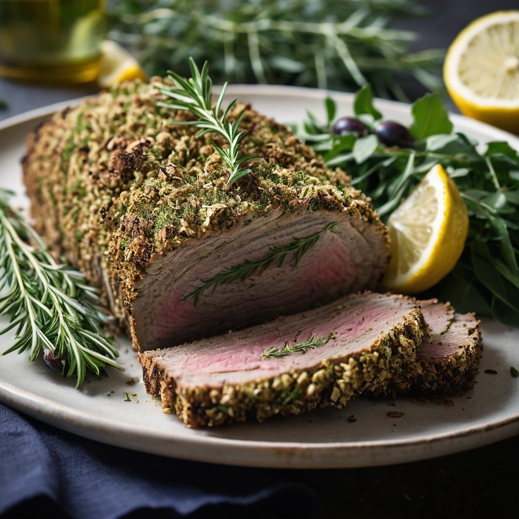 golden-brown roasted pork loin with a green herb crust, served on a rustic platter with lemon wedges.