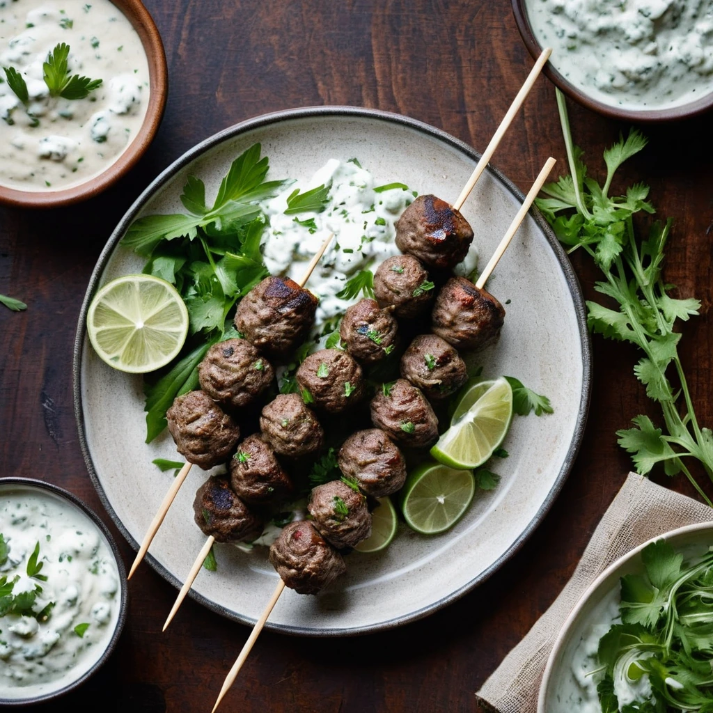 Grilled skewers of lamb and beef kofta arranged on a plate with a bowl of white tzatziki sauce dotted with green herbs.