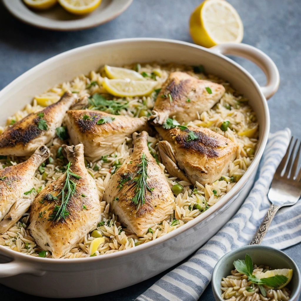 A golden casserole dish filled with creamy orzo, juicy chicken, and a vibrant lemon zest garnish.