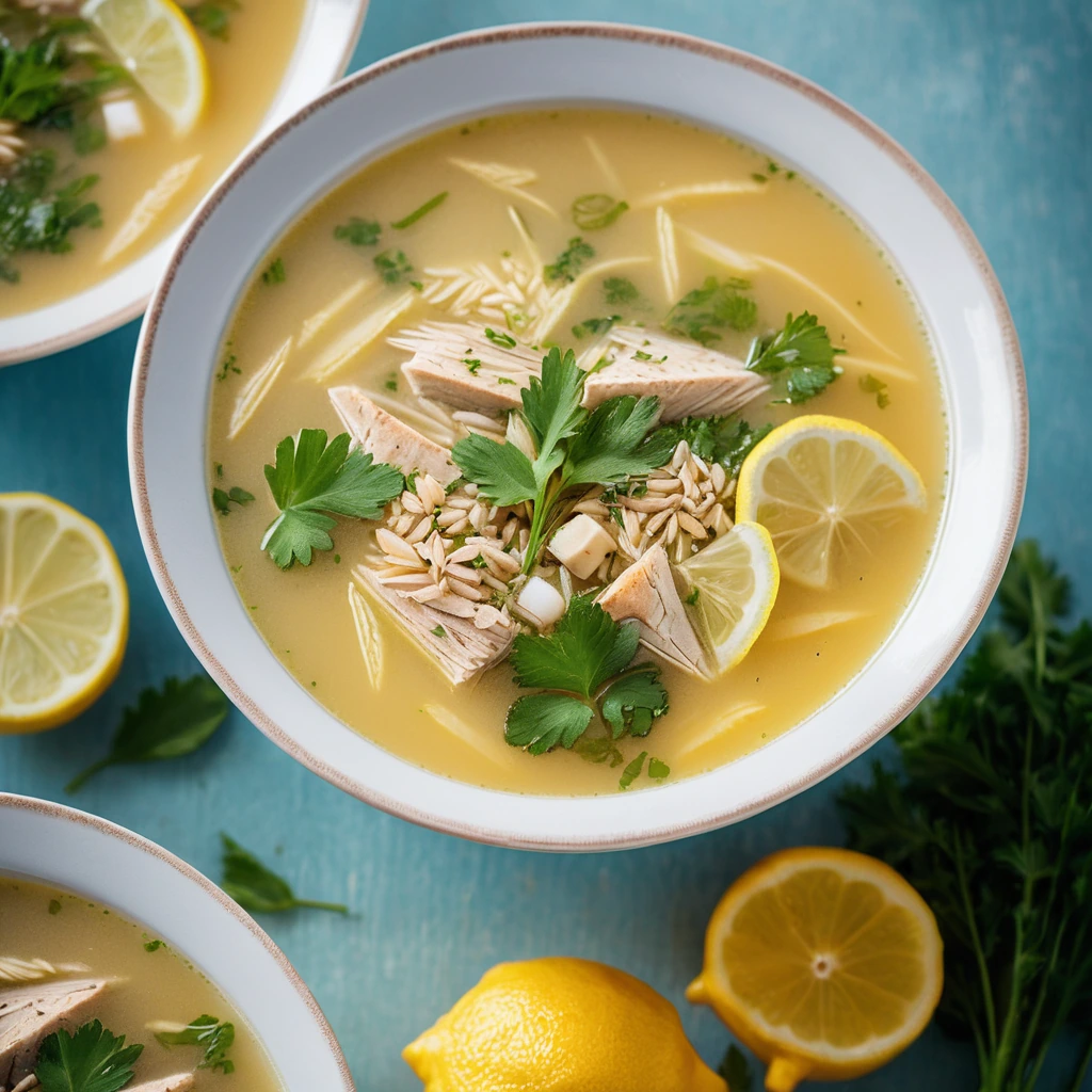 Golden orzo and tender chicken pieces in a vibrant yellow broth, garnished with fresh parsley and lemon slices.