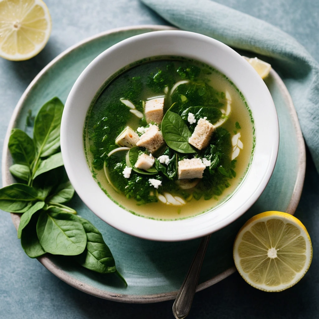 A steaming bowl of vibrant green soup with chunks of chicken and spinach, topped with a drizzle of lemon juice.