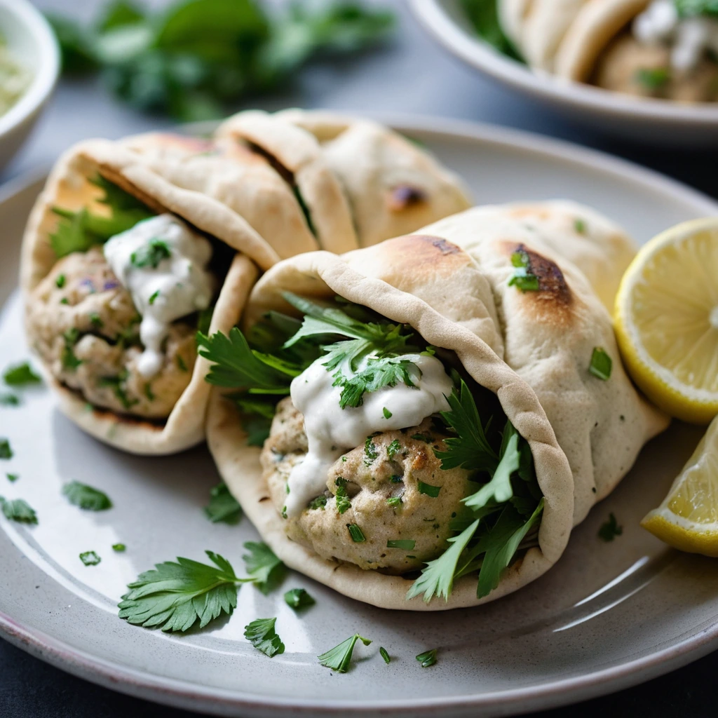 Warm pitas stuffed with golden chicken meatballs, drizzled with lemon sauce and sprinkled with fresh parsley.