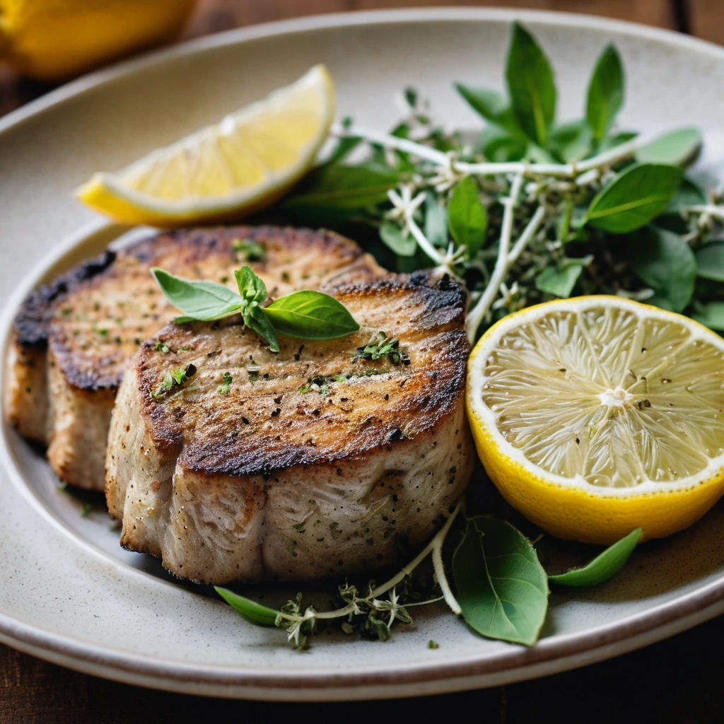 Golden brown pork chops on a rustic plate, garnished with lemon slices and fresh oregano.