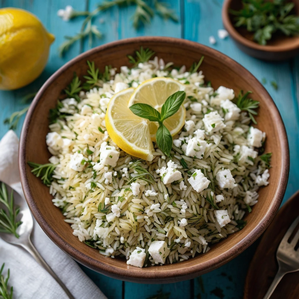 A vibrant yellow bowl of rice topped with crumbled feta, dotted with green herbs, served on a rustic wooden table.