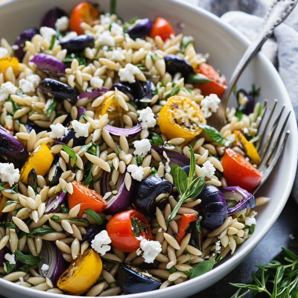 Colorful roasted vegetables and orzo pasta in a skillet, topped with crumbled feta and fresh herbs.