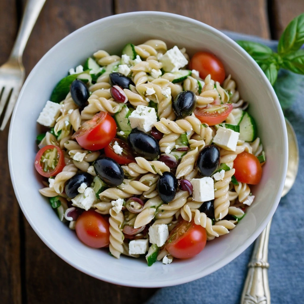 Colorful orzo salad in a bowl with feta, tomatoes, and olives.