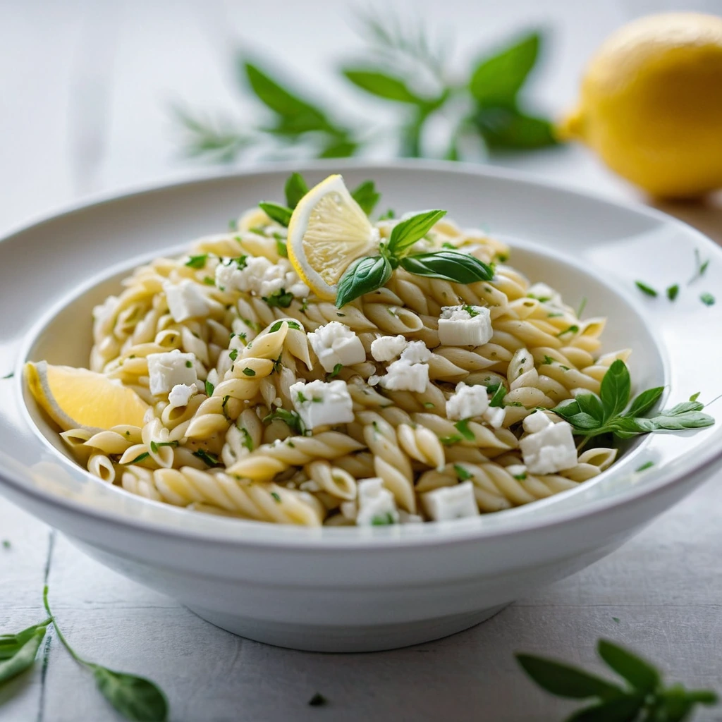 Bowl of yellow orzo pasta with white feta cheese, green parsley, and lemon slice garnish.