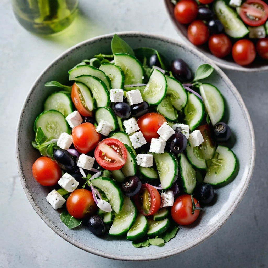 A bowl of vibrant Greek salad with red tomatoes, green cucumbers, olives, feta cheese, and fresh herbs.
