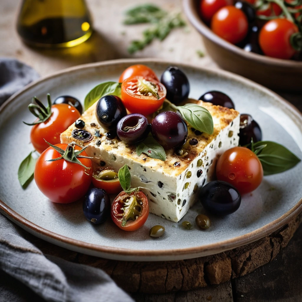Golden feta cheese baked with red cherry tomatoes and green olives on a rustic serving plate.