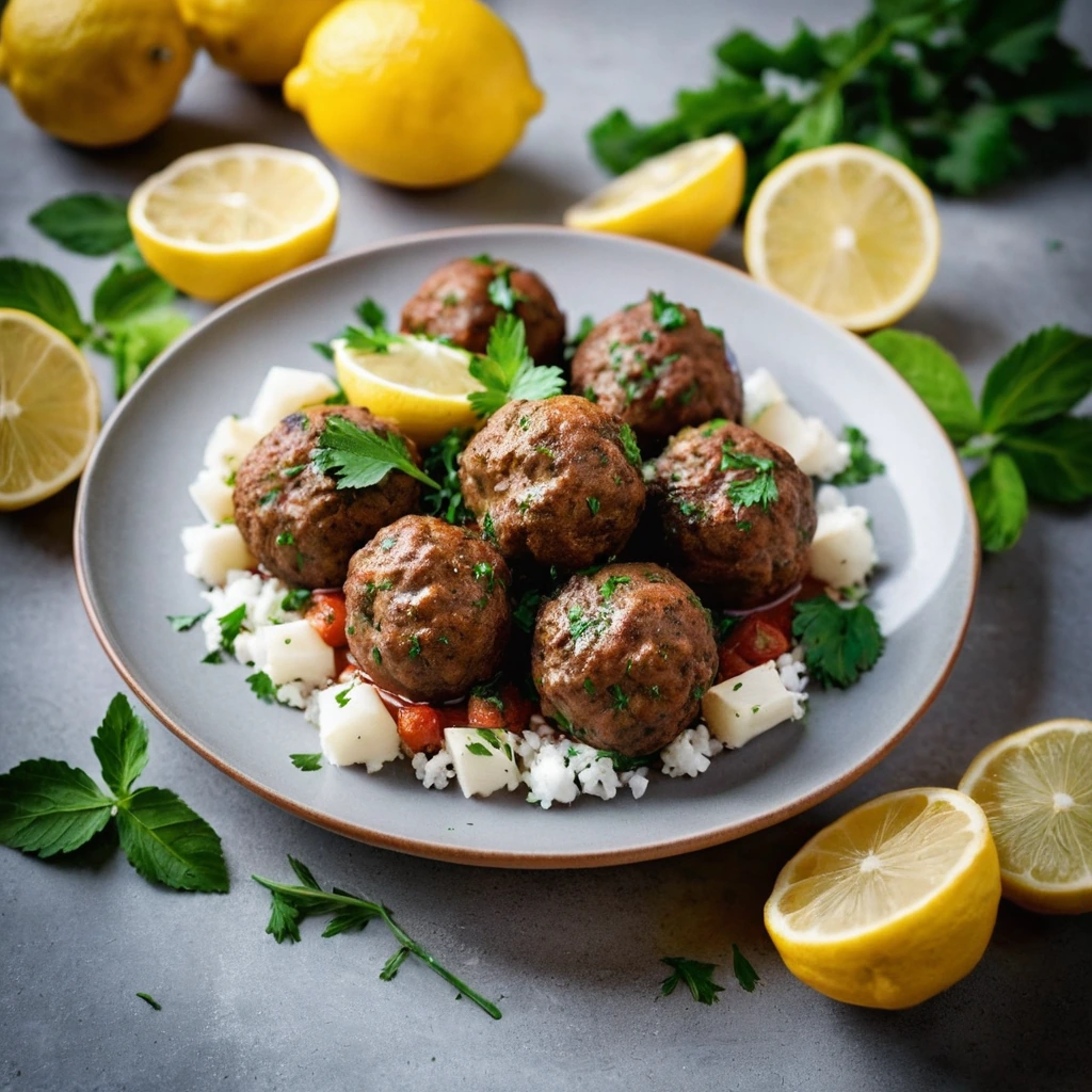 Plump golden-brown meatballs nestled among vibrant yellow lemon-potatoes in a red sauce, garnished with fresh parsley.