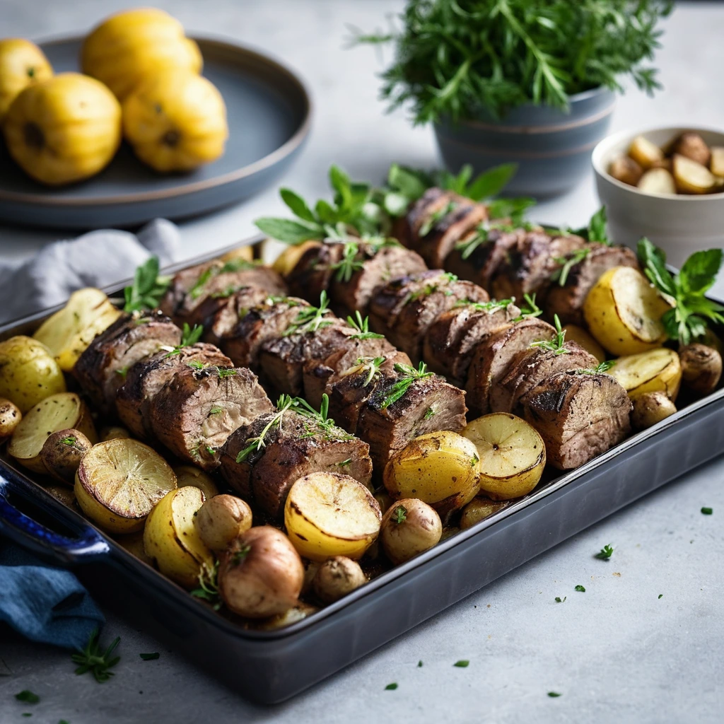 Golden roasted potatoes and succulent pork chunks on a tray, drizzled with lemon and sprinkled with oregano.