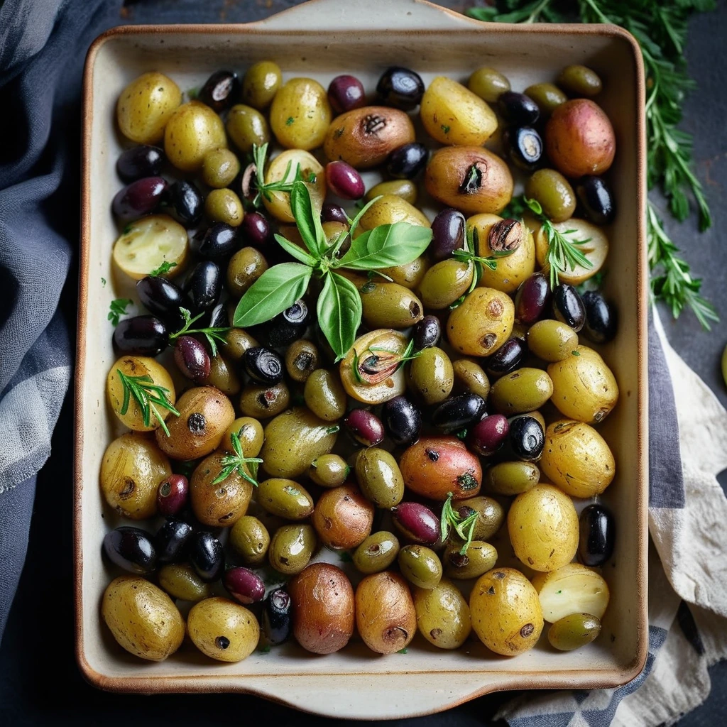 Golden potatoes and olives roasted to perfection in a rustic tray, garnished with fresh parsley.