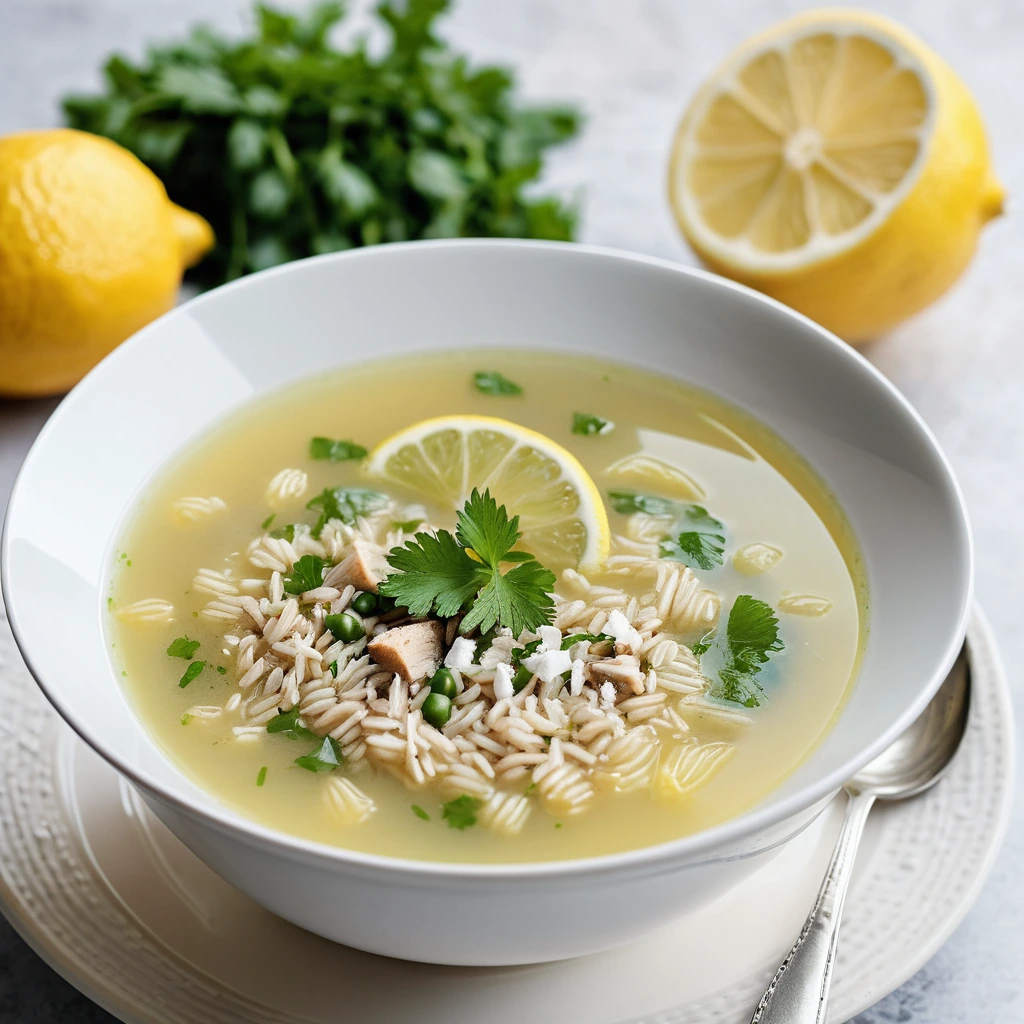 Golden bowl of soup with rice, turkey, and lemon slices floating in a vibrant yellow broth, garnished with fresh parsley.