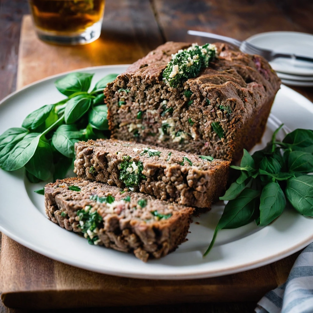 Slice of meatloaf with golden-brown crust revealing a green and white feta-spinach center, garnished with fresh parsley on a rustic wooden board.