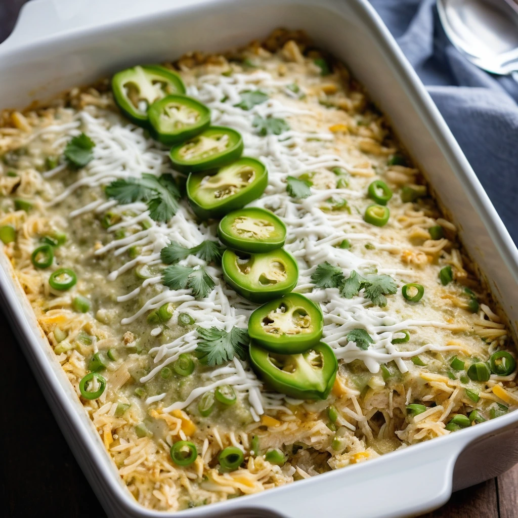 A golden, bubbly casserole in a rectangular baking dish, topped with melted cheese and flecks of green chile.