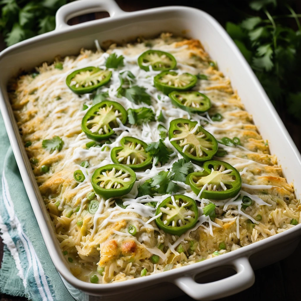 Golden bubbly casserole with green chiles in a baking dish, sprinkled with melted cheese.