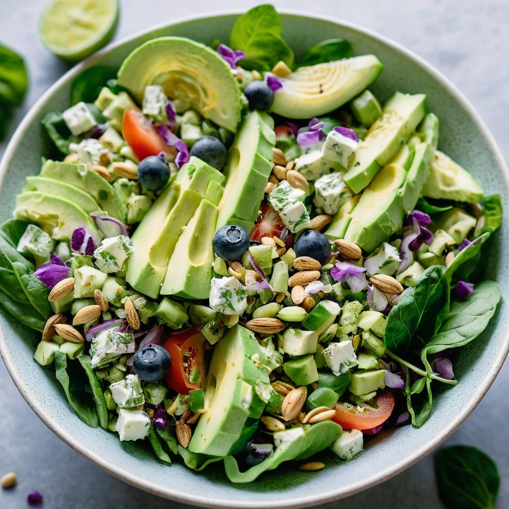 Colorful chopped salad with shades of green, white, and purple, topped with avocado slices and sunflower seeds.