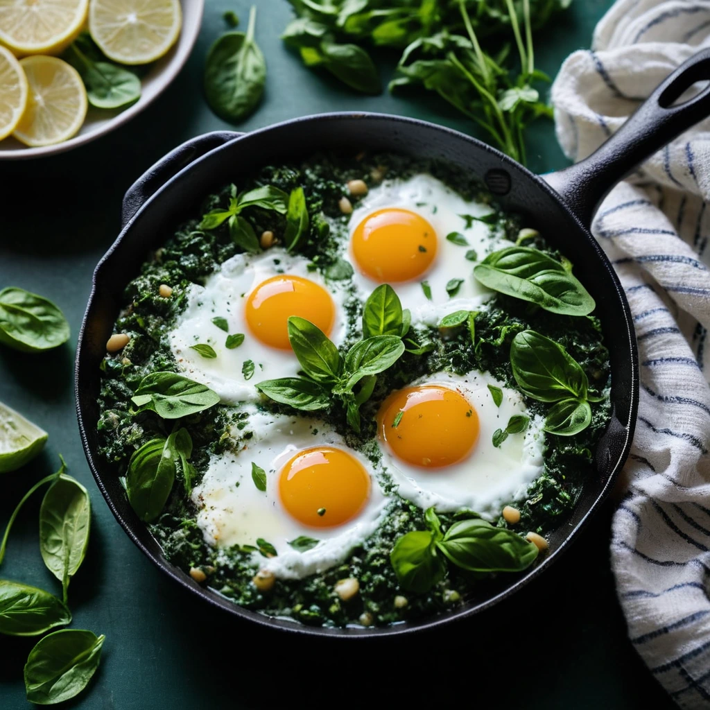 Steaming skillet of eggs nestled in a green sauce of spinach and herbs, vibrant and colorful with poached eggs on top.