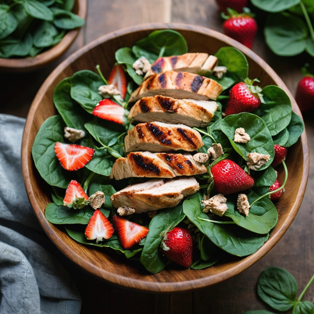 Colorful salad with grilled chicken, red strawberries, and vibrant spinach leaves in a rustic wooden bowl.