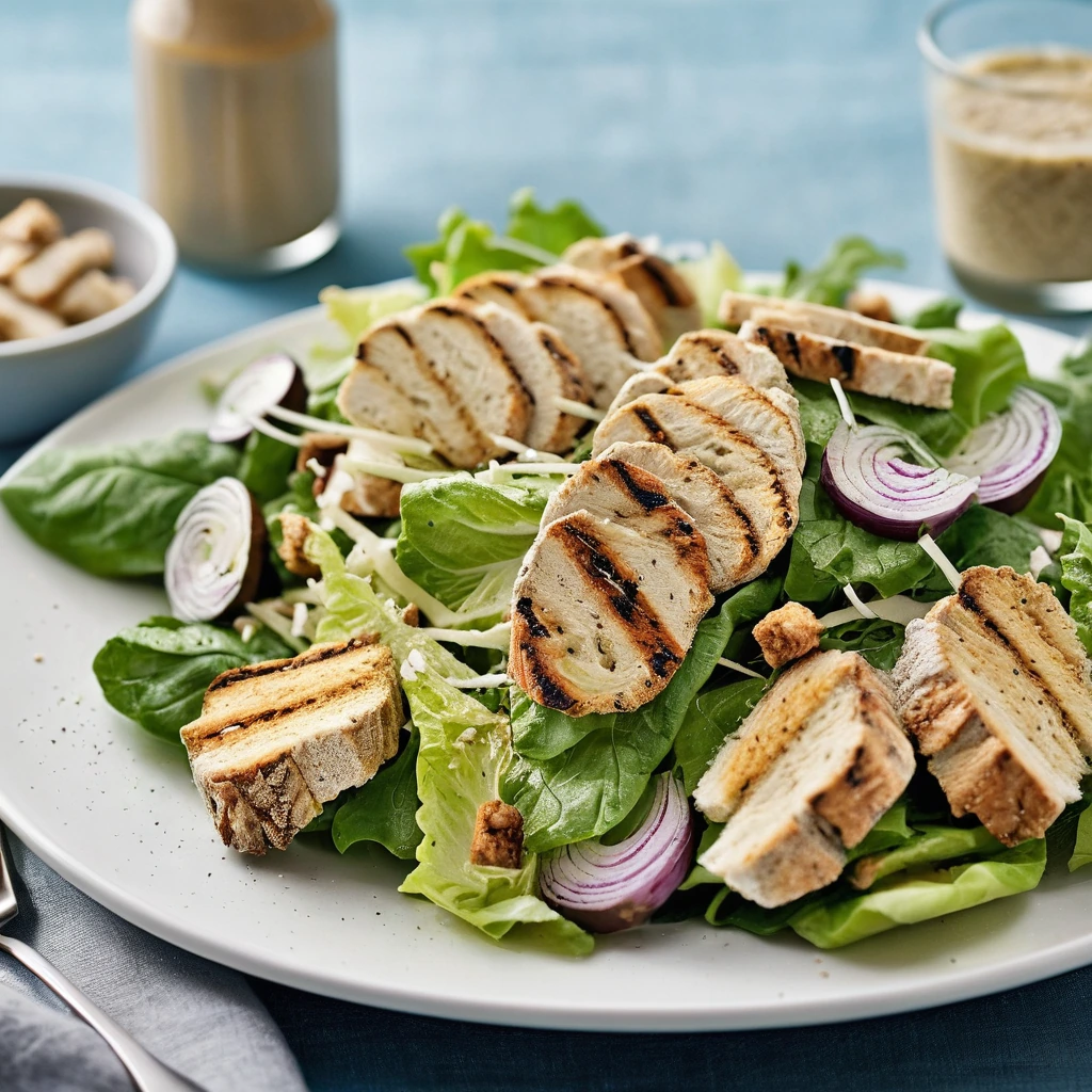 Grilled chicken breast slices over a bed of romaine lettuce, topped with grated Parmesan and golden croutons.
