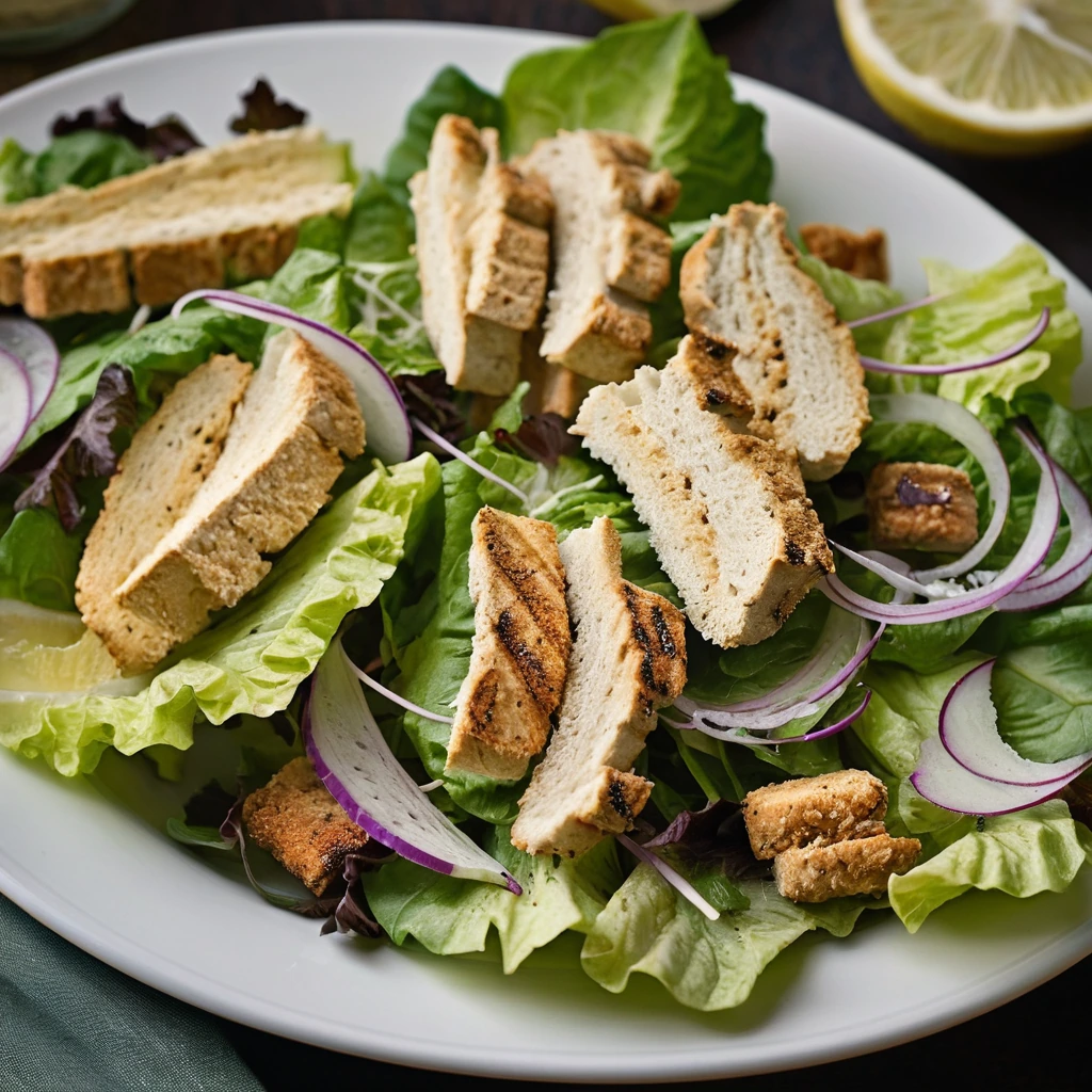 Grilled chicken slices over a bed of crisp romaine lettuce, topped with golden Parmesan croutons and grated Parmesan cheese.