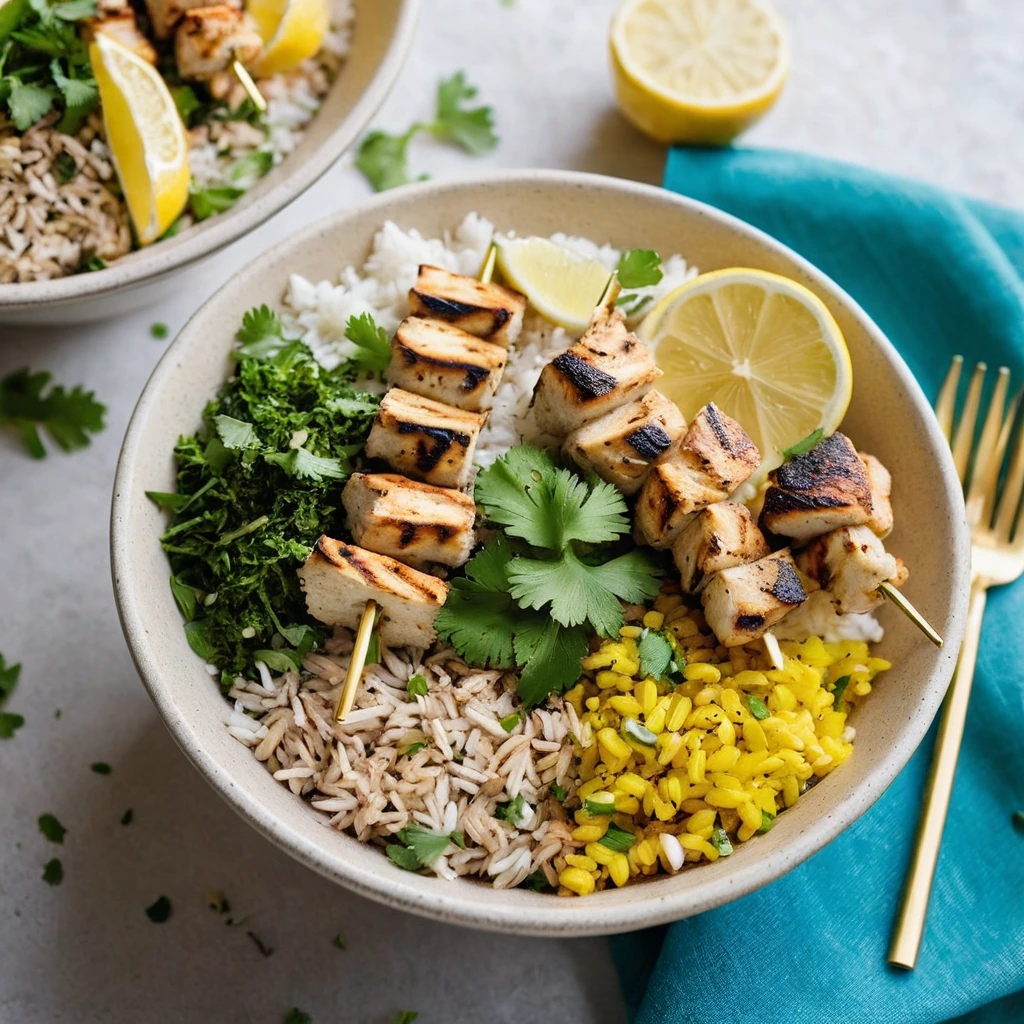 Colorful bowls with skewers of golden grilled chicken over bright yellow lemon rice, garnished with green parsley.