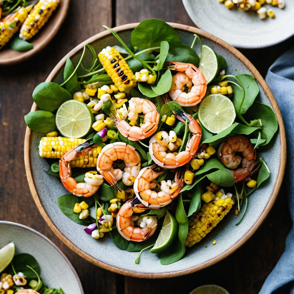 Colorful summer salad with grilled shrimp, golden corn kernels, and fresh greens arranged on a rustic wooden bowl.