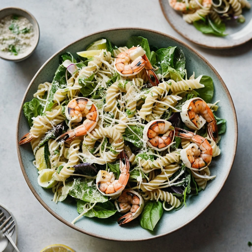 Colorful pasta salad in a bowl with grilled shrimp, romaine lettuce, and grated Parmesan.