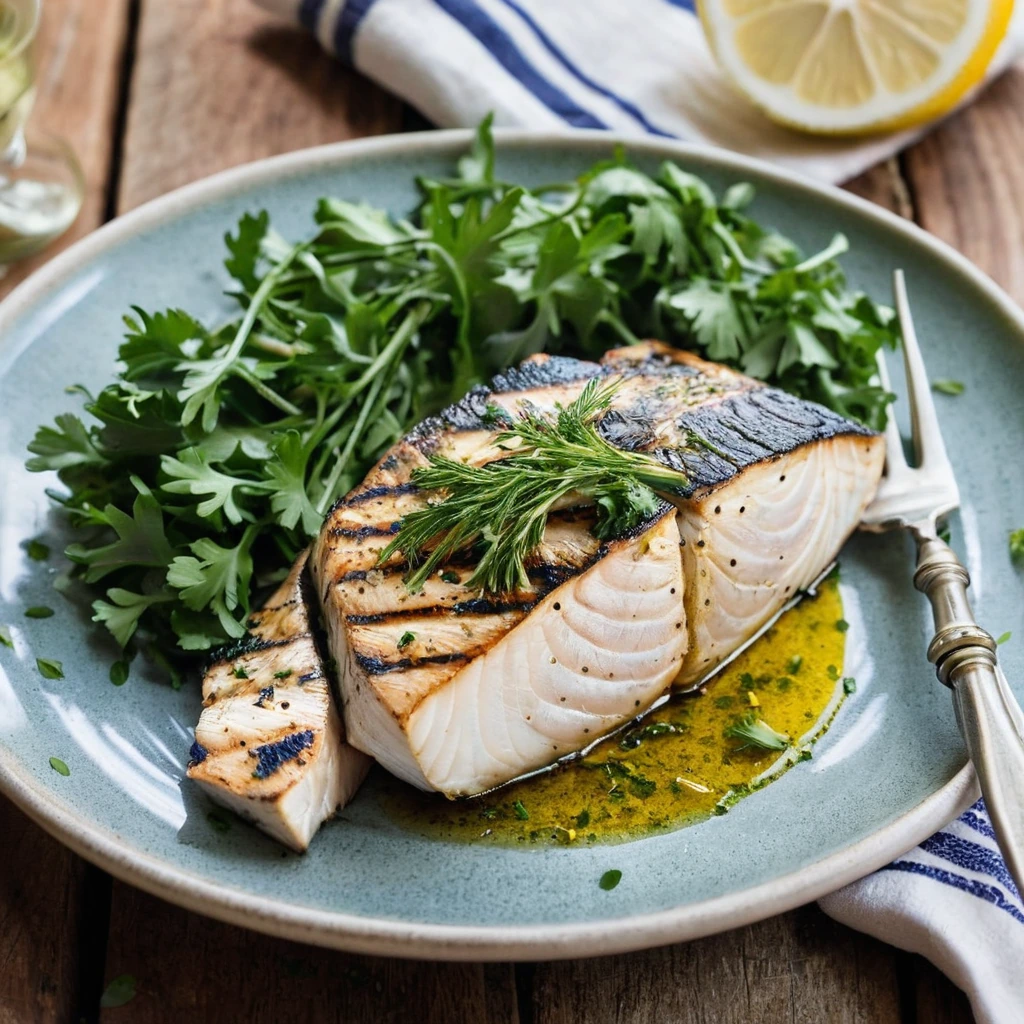A plated serving of Grilled Swordfish with Herb Marinade
