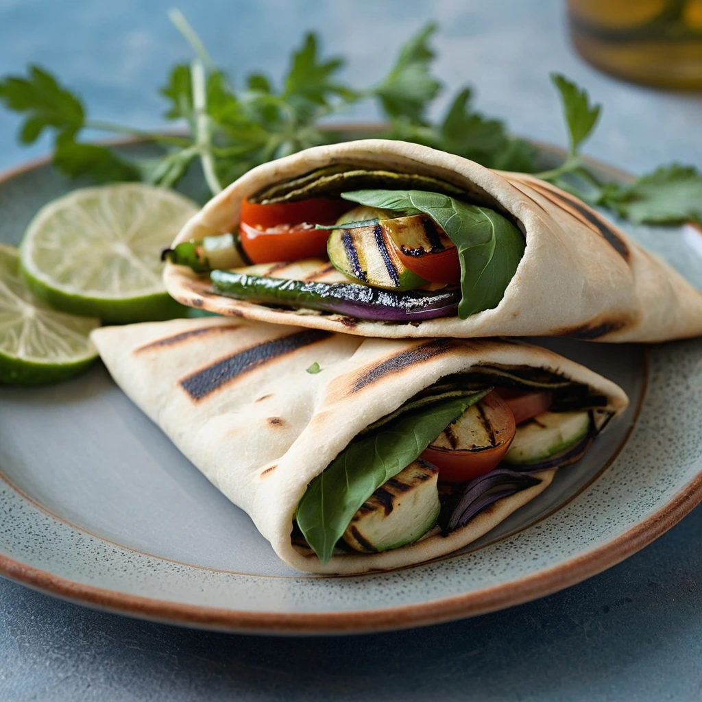 Grilled vegetables and halloumi cheese stuffed in golden pita bread, garnished with fresh herbs.