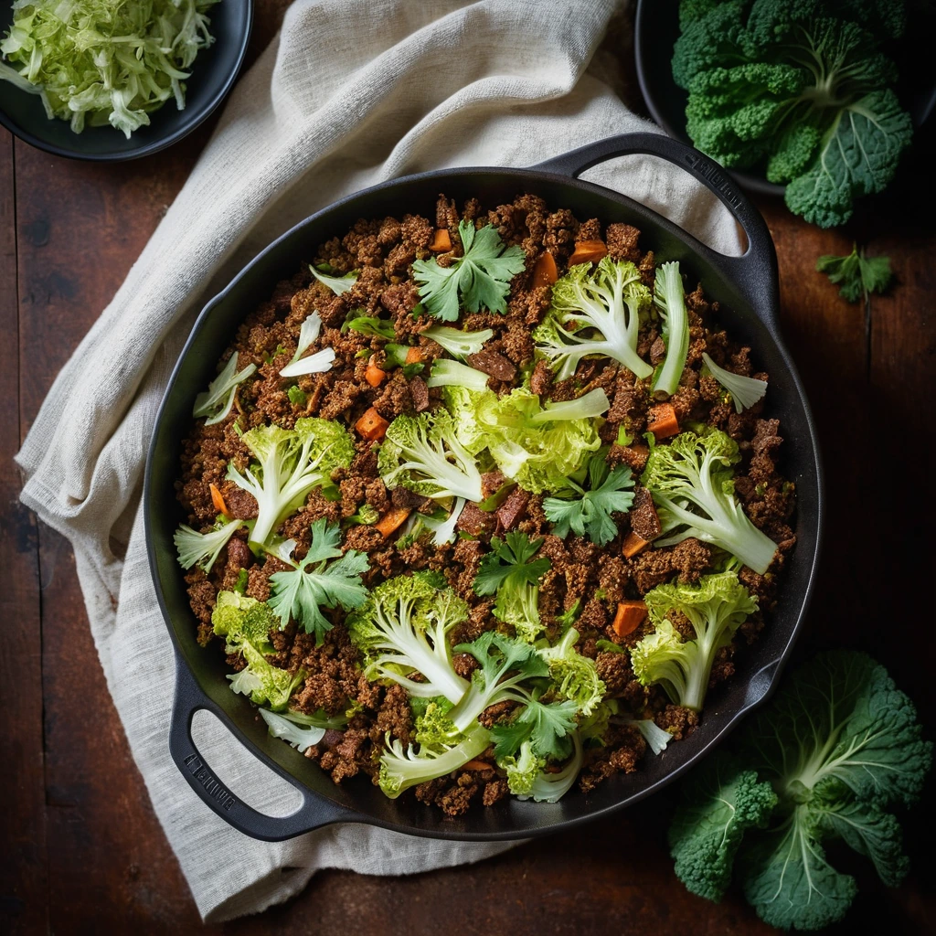 Rustic skillet with golden-brown ground beef and vibrant green cabbage, dusted with paprika.
