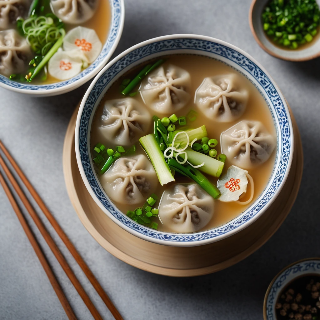 A steaming bowl of golden soup with plump dumplings and fresh green scallions floating on top.