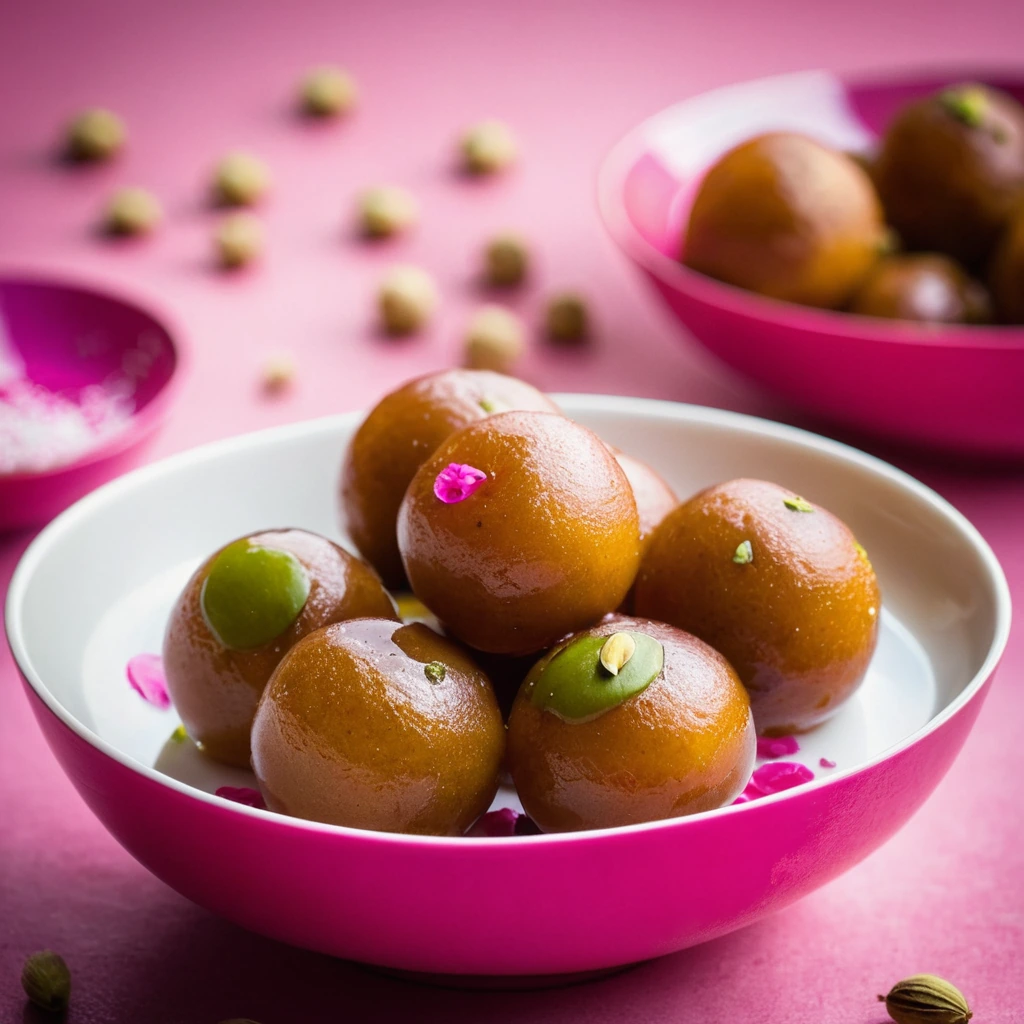 Golden brown dough balls in a vibrant pink syrup garnished with pistachios in a white serving bowl.