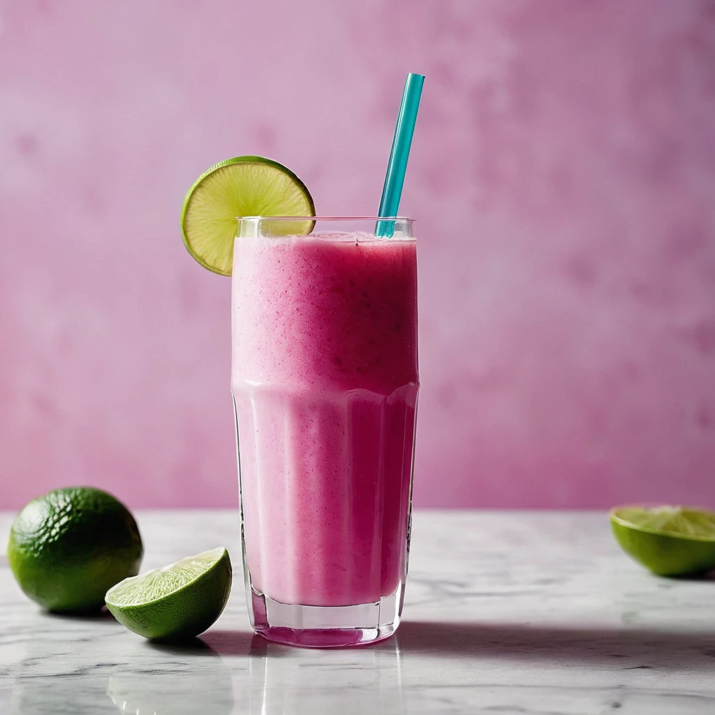Vibrant pink smoothie in a tall glass with a thin slice of lime on the rim.