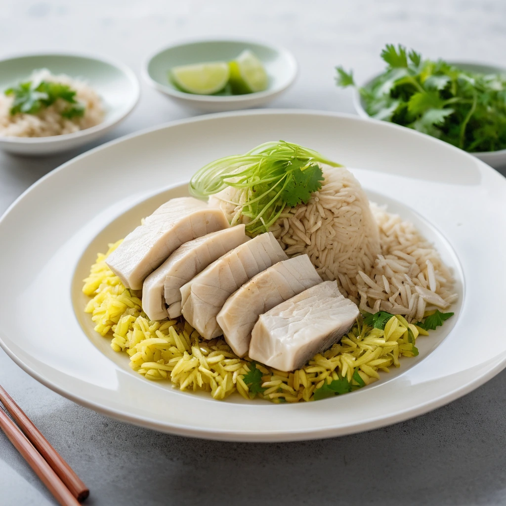 Steamed chicken breast over fragrant yellow rice with green cilantro garnish on a white plate