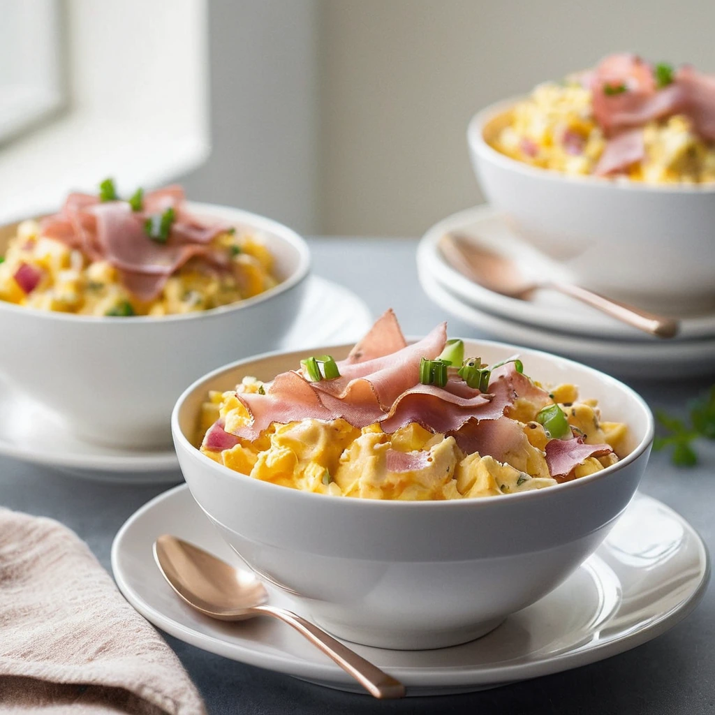 Golden scrambled eggs topped with diced ham and melted cheddar in a white bowl.