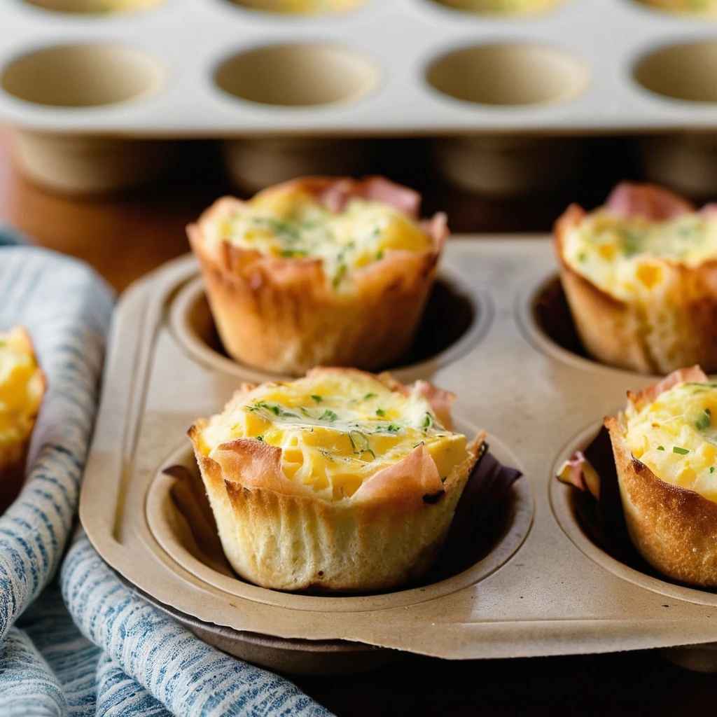 Muffin tin filled with golden egg muffins topped with melted cheddar and diced ham.