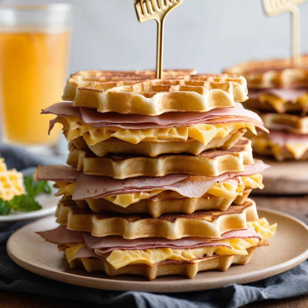Golden hash brown waffles stacked with melted cheddar cheese and slices of ham.