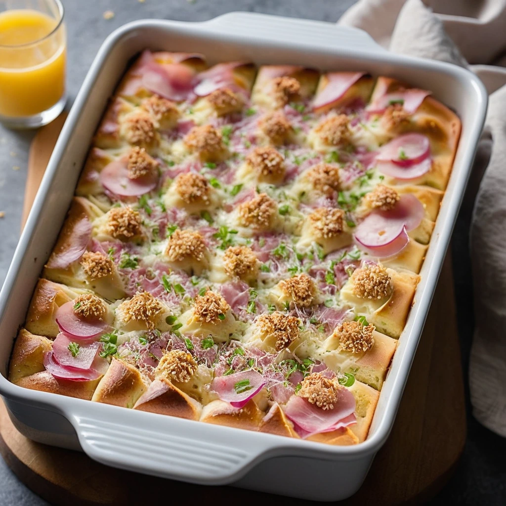Baked casserole in a rectangular dish with crispy bagel topping, melted cheese, and diced ham.