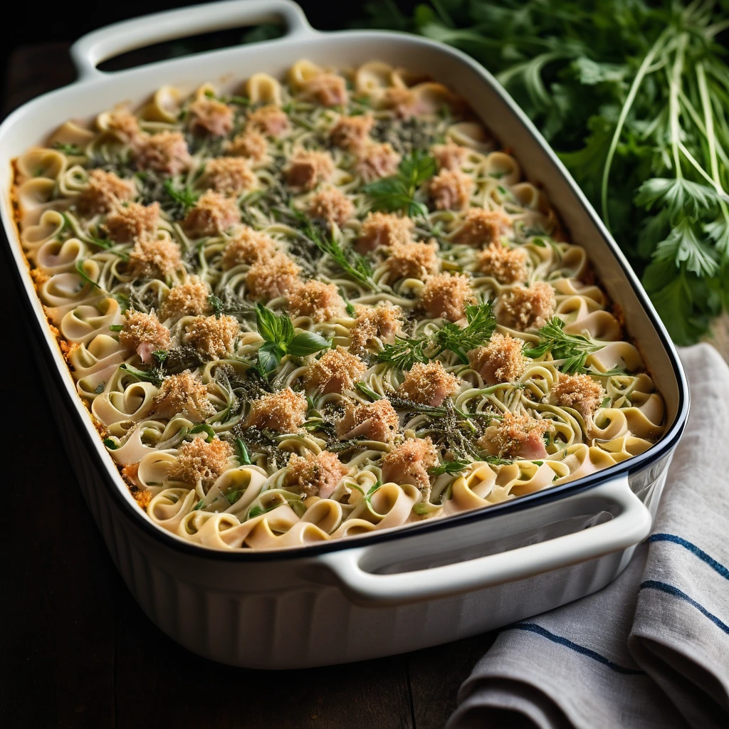 Golden brown casserole in a baking dish with green herbs sprinkled on top, served in a warm oven setting.