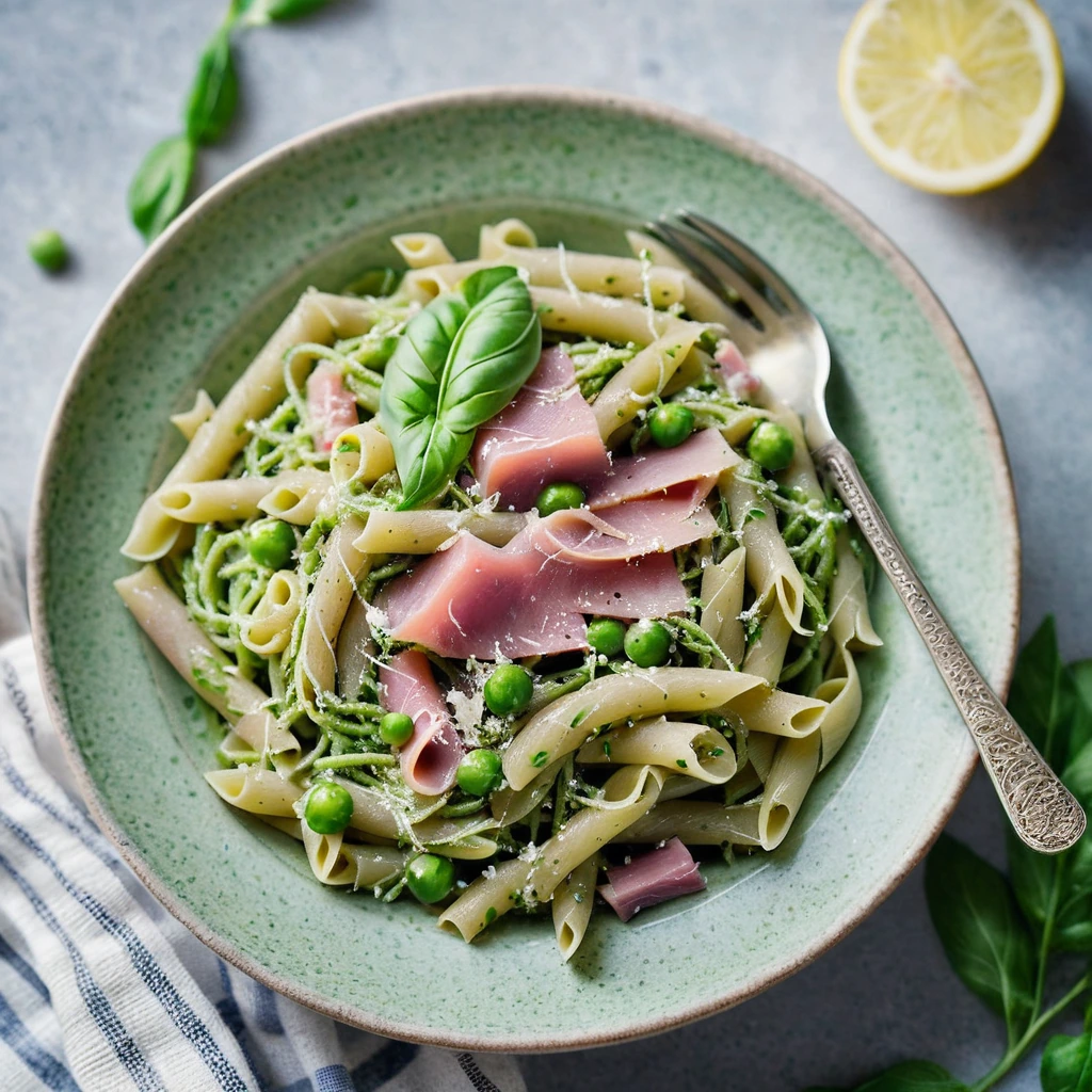 A bowl of green pasta with peas and diced ham, topped with grated Parmesan and fresh herbs.