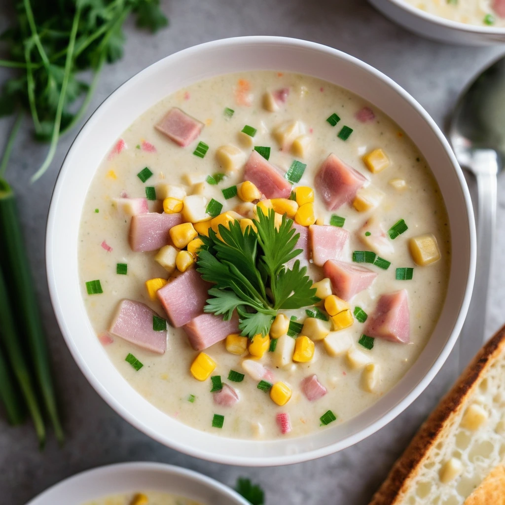 Golden chowder in a white bowl with green chives sprinkled on top