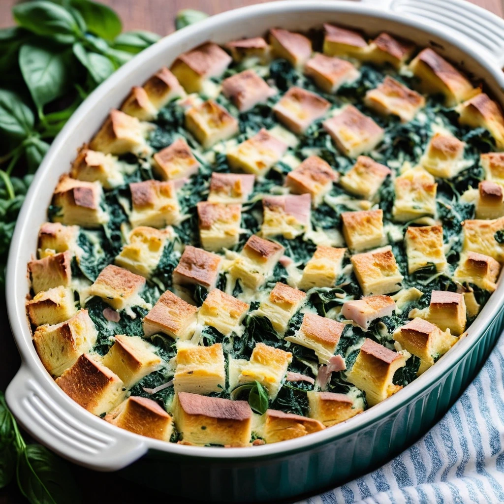 Golden strata in a baking dish with layers of ham and spinach, topped with melted cheese and herbs.