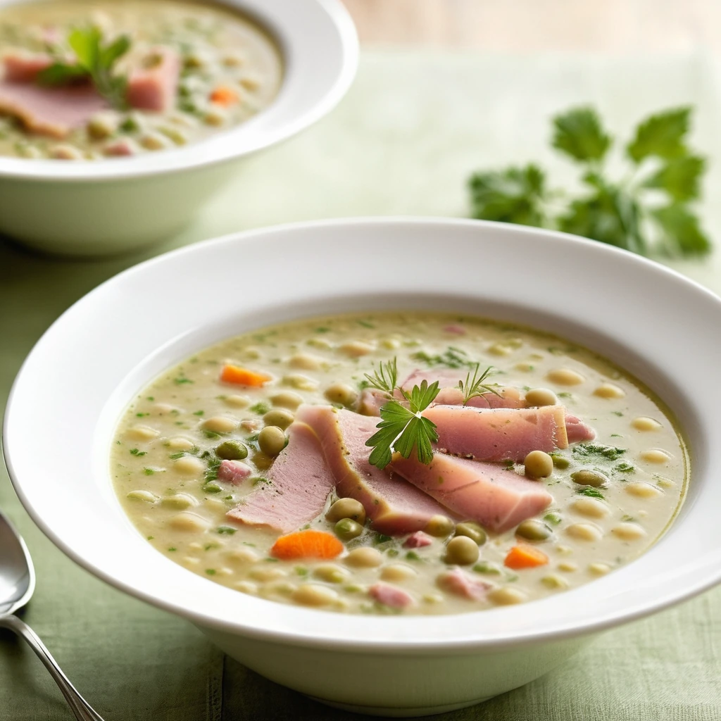 A steaming bowl of thick, golden ham and split pea soup topped with fresh herbs and a sprinkle of cracked pepper.