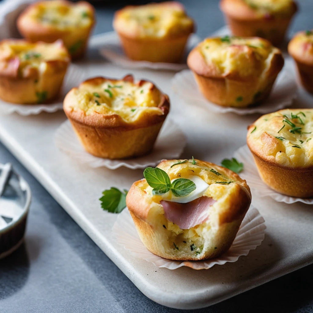Golden egg muffin cups with melted Swiss cheese and diced ham, arranged on a baking sheet.