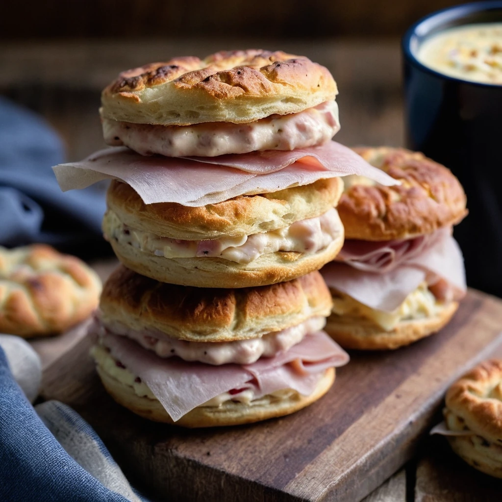 Golden biscuits split open, stuffed with diced ham and melted Swiss cheese, arranged on a rustic wooden board.