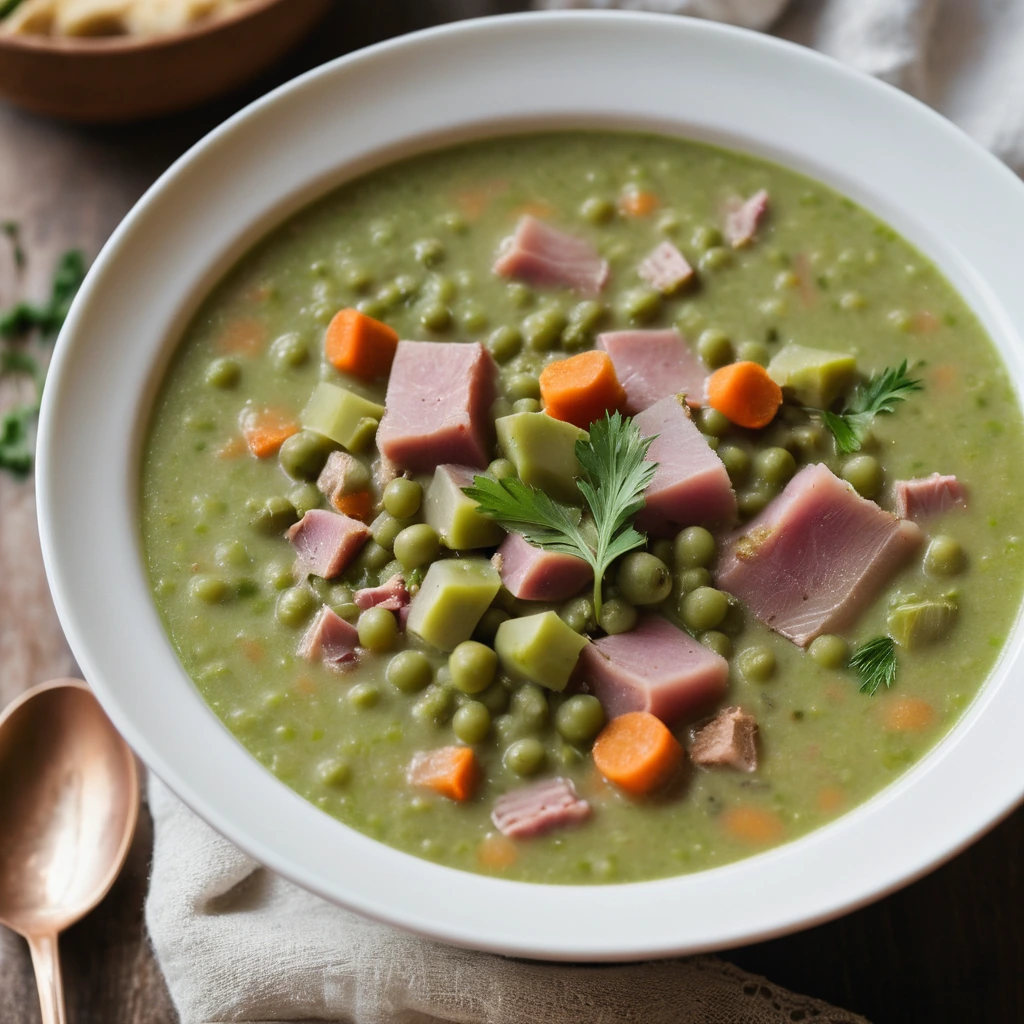 Golden bowl of thick pea soup with chunks of ham and vegetables
