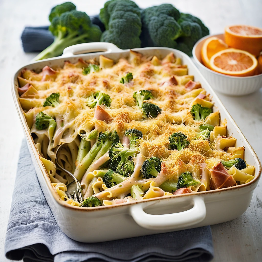 Golden bubbly pasta bake in a casserole dish with green broccoli florets peeking through a melted orange cheddar crust.